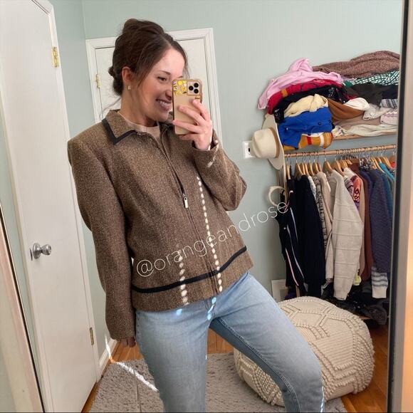 Deadstock vintage Sag Harbor Brown Chevron Collared Zip Up Blazer Jacket 12 L - Picture 7 of 12